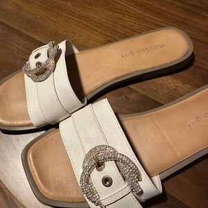Madden Girl White and Gold Buckle Sandals